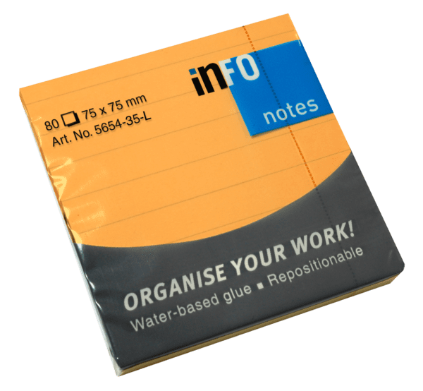 Info notes lined 75x75 info 80 sht bright orange