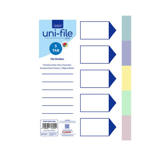 Marlin file divider board a4 5 tab pastel asst
