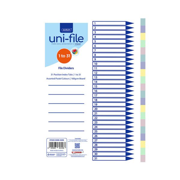Marlin file index board a4 1-31 pastel asst
