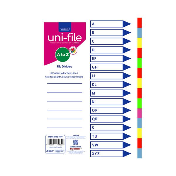 Marlin file index board a4 a-z 16 division bright asst